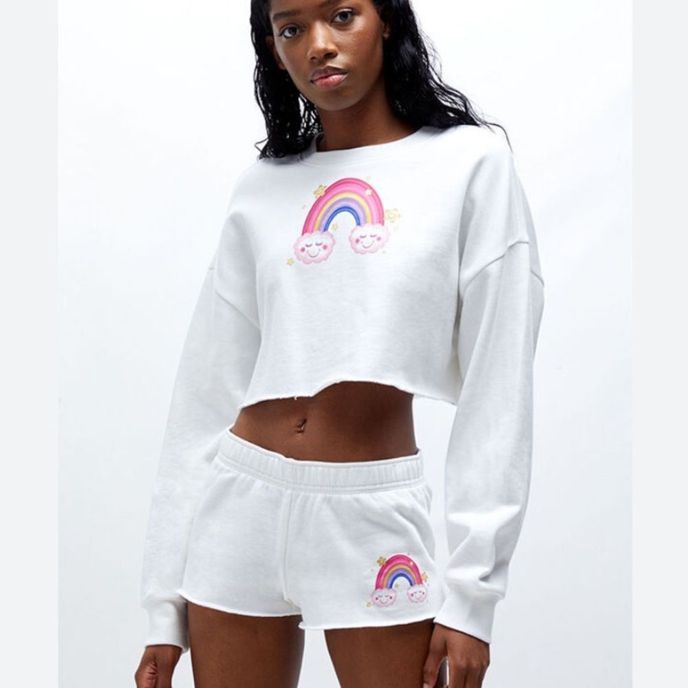 NEW Pacsun White Rainbow Ultra Cropped Raw Hem Fleece Long Sleeve Sweatshirt XS